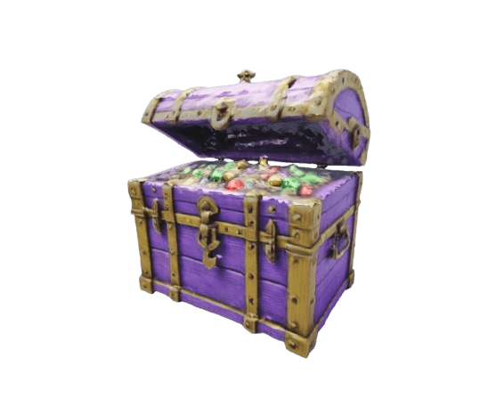 a pirate chest, toy style, purple, yellow and green colors