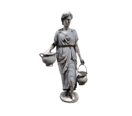 a stone made Roman statue of a woman carrying a pot, no colors, realistic